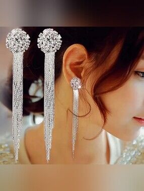 Silver Plated,Tassel Drop Earrings - Sparkling Crystal Fringe